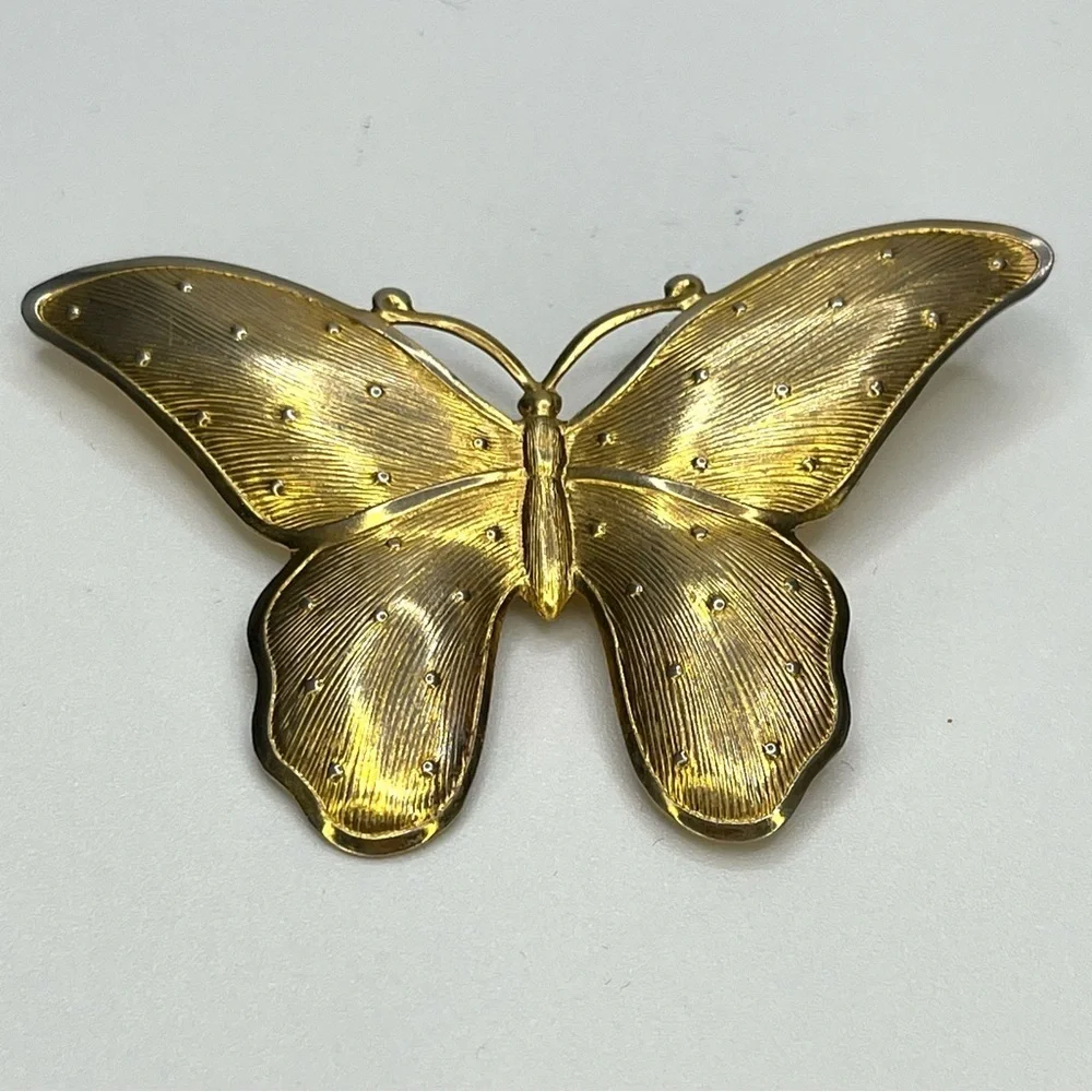 Vintage Gold Butterfly Brooch Textured Metallic Wings Large Statement Pin